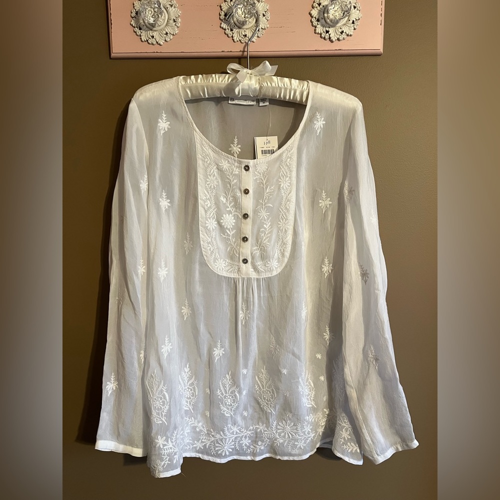 J.Jill Sheer White Embroidered Blouse, size M, NWT